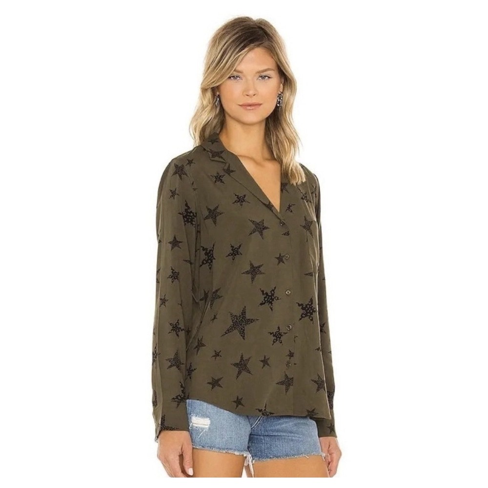 RAILS Rebel Sz S Olive Cheetah Stars Blouse Button Up Green Black EUC